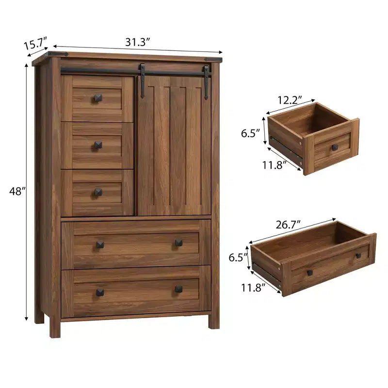 Comò a 5 cassetti con anta scorrevole a granaio, cassettiera in legno alta 122 cm