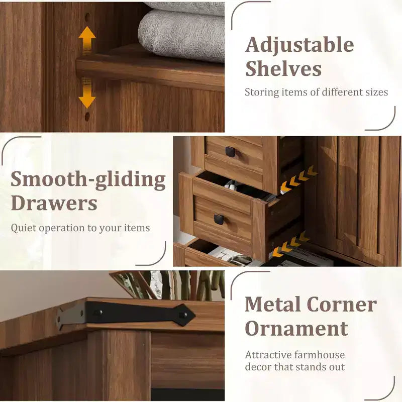 Comò a 5 cassetti con anta scorrevole a granaio, cassettiera in legno alta 122 cm