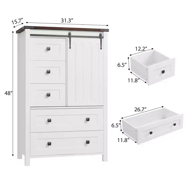 Comò a 5 cassetti con anta scorrevole a granaio, cassettiera in legno alta 122 cm