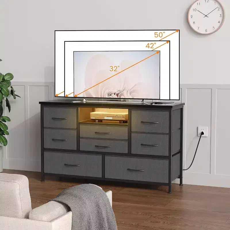 Mobile TV da 47,4 pollici con 8 cassetti, striscia luminosa a LED RGB e doppia presa di corrente