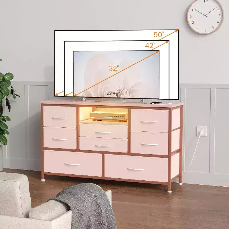 Mobile TV da 47,4 pollici con 8 cassetti, striscia luminosa a LED RGB e doppia presa di corrente