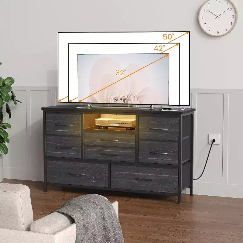 Mobile TV da 47,4 pollici con 8 cassetti, striscia luminosa a LED RGB e doppia presa di corrente