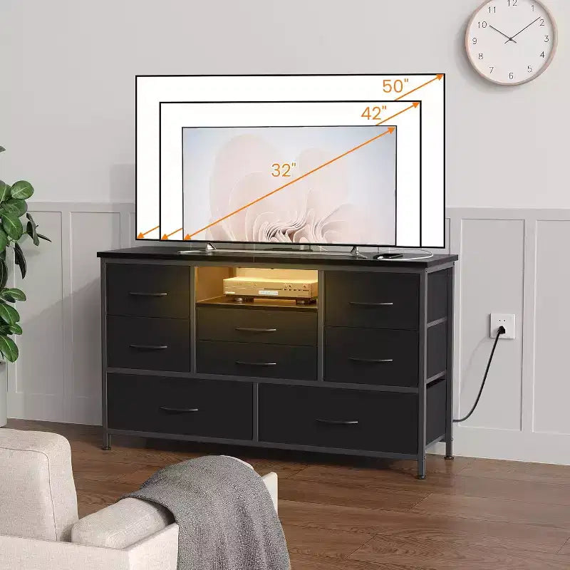 Mobile TV da 47,4 pollici con 8 cassetti, striscia luminosa a LED RGB e doppia presa di corrente