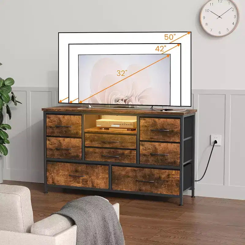 Mobile TV da 47,4 pollici con 8 cassetti, striscia luminosa a LED RGB e doppia presa di corrente