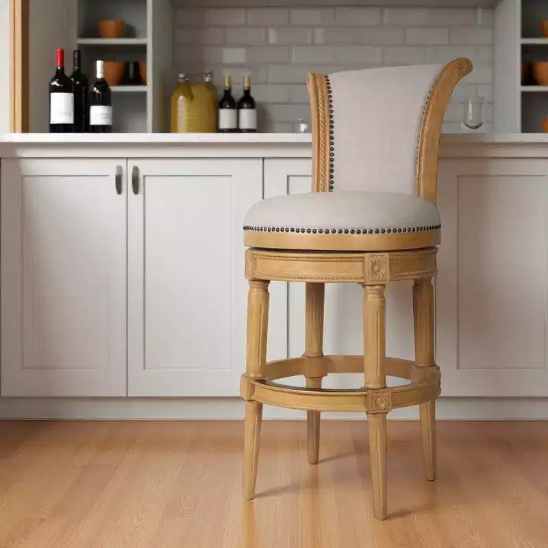 Sedia da bar girevole in legno massello, altezza bancone, in tessuto beige e naturale, 76 cm