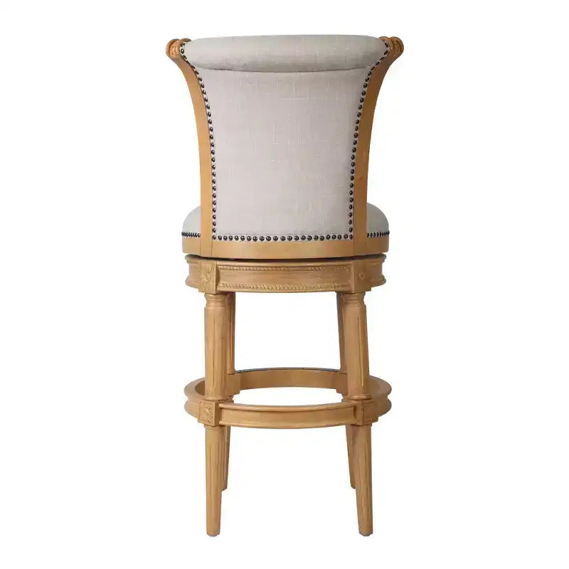 Sedia da bar girevole in legno massello, altezza bancone, in tessuto beige e naturale, 76 cm