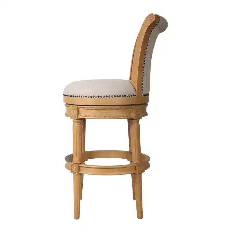 Sedia da bar girevole in legno massello, altezza bancone, in tessuto beige e naturale, 76 cm