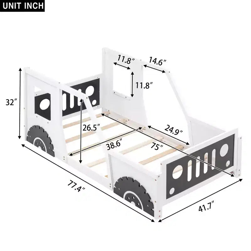 Letto per Bambini a Forma di Auto con Sponde Laterali e Doghe in Legno, Twin/Full