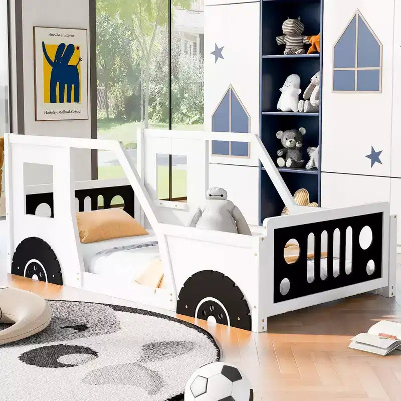 Letto per Bambini a Forma di Auto con Sponde Laterali e Doghe in Legno, Twin/Full