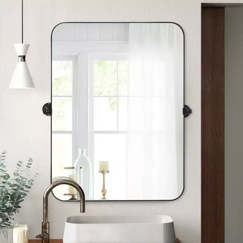 Specchio da parete rettangolare arrotondato da 91x61 cm con montaggio girevole, cornice in metallo nero