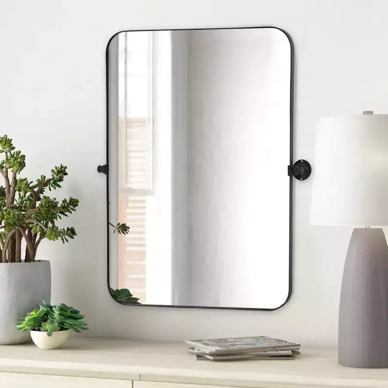 Specchio da parete rettangolare arrotondato da 91x61 cm con montaggio girevole, cornice in metallo nero