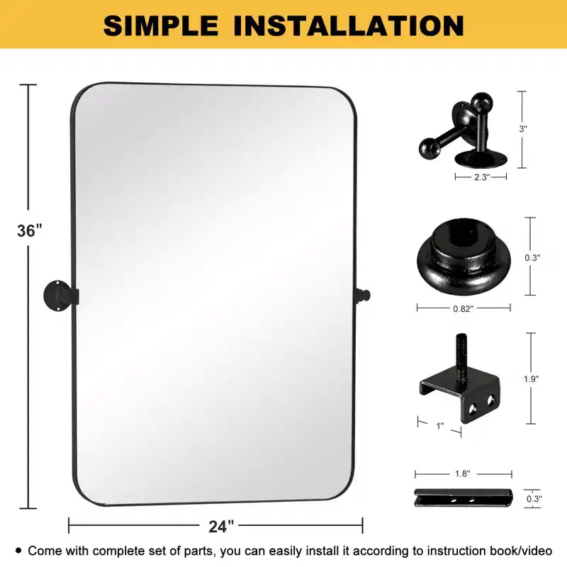 Specchio da parete rettangolare arrotondato da 91x61 cm con montaggio girevole, cornice in metallo nero