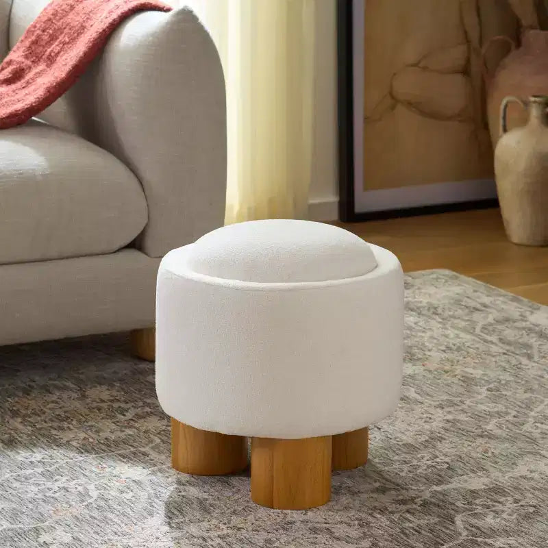 Pouf rotondo rivestito – Avorio/Naturale