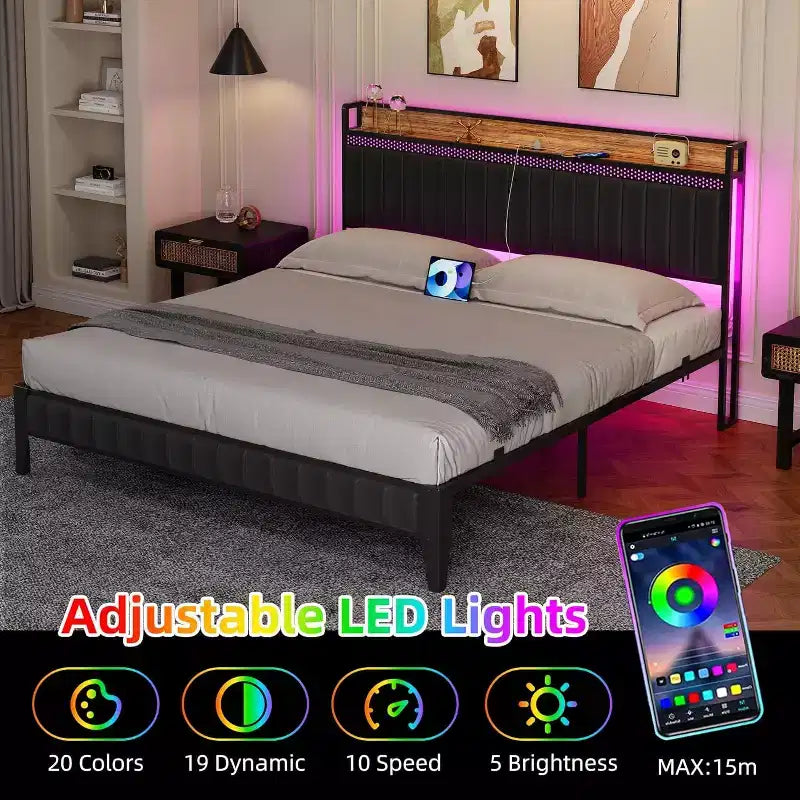 Base letto imbottita con testiera a LED, mensola portaoggetti e stazione di ricarica