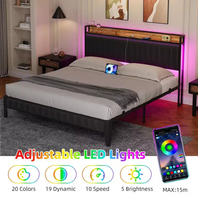 Base letto imbottita con testiera a LED, mensola portaoggetti e stazione di ricarica