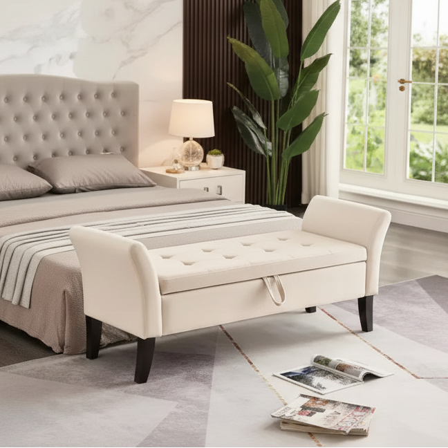51.5 upholstered storage bench with button-tufted seat & safety hinge, luxury shoe bench for entryway, bedroom, or end of bed, beige.