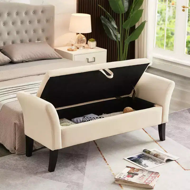 Panca contenitore imbottita con sedile trapuntato a bottoni, beige, 130 cm