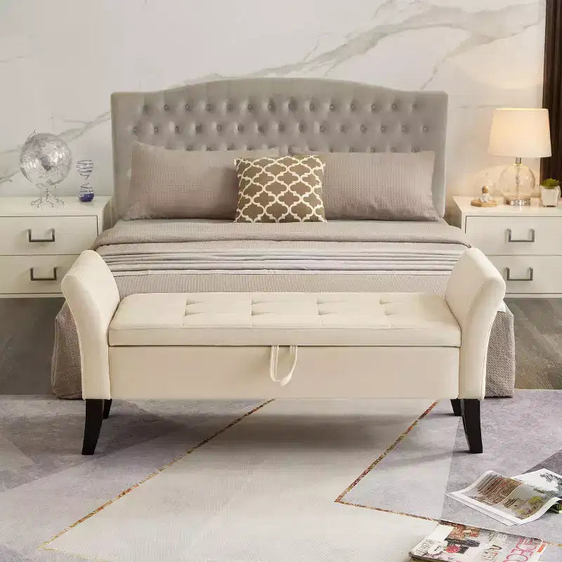 Panca contenitore imbottita con sedile trapuntato a bottoni, beige, 130 cm