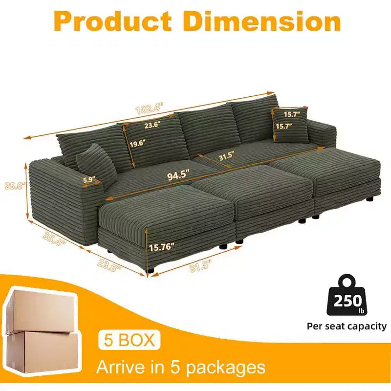 Divano letto trasformabile da 259 cm con rivestimento in velluto a coste – 4 posti, verde