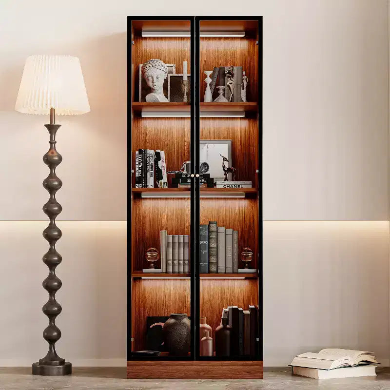 Vetrinetta in Vetro Alta 160cm con Illuminazione a LED, Stile Moderno di Metà Secolo, 4 Ripiani per Salotto