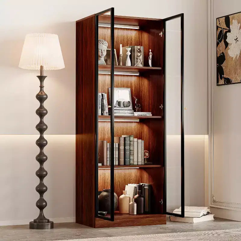 Vetrinetta in Vetro Alta 160cm con Illuminazione a LED, Stile Moderno di Metà Secolo, 4 Ripiani per Salotto