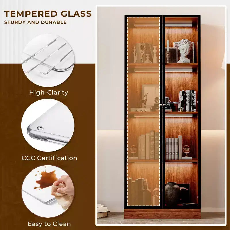 Vetrinetta in Vetro Alta 160cm con Illuminazione a LED, Stile Moderno di Metà Secolo, 4 Ripiani per Salotto