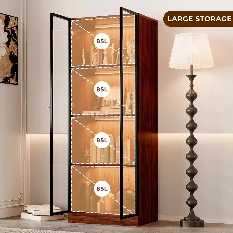 Vetrinetta in Vetro Alta 160cm con Illuminazione a LED, Stile Moderno di Metà Secolo, 4 Ripiani per Salotto