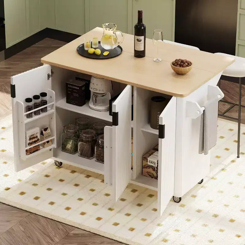 Isola da cucina a colonna Farmhouse da 51" con ribalta, ruote e scaffale portaoggetti