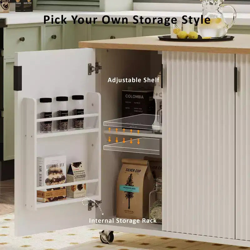 Isola da cucina a colonna Farmhouse da 51" con ribalta, ruote e scaffale portaoggetti