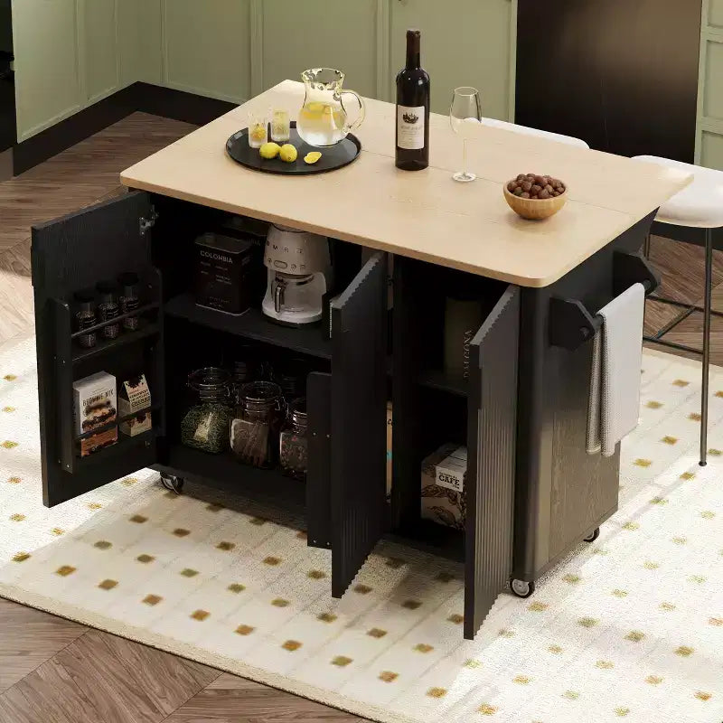 Isola da cucina a colonna Farmhouse da 51" con ribalta, ruote e scaffale portaoggetti