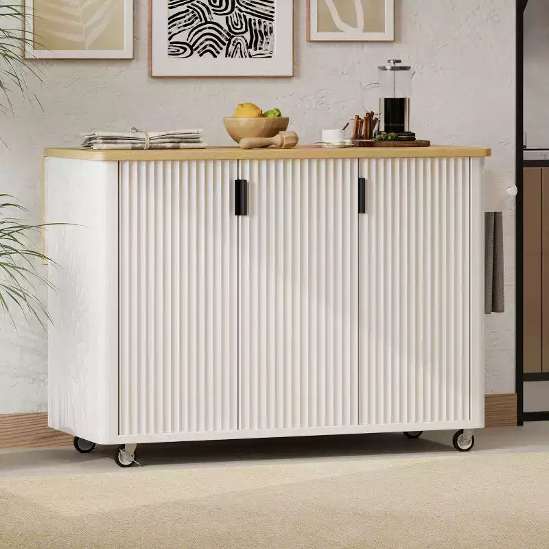 Isola da cucina a colonna Farmhouse da 51" con ribalta, ruote e scaffale portaoggetti