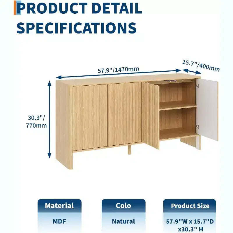 Credenza con scanalature da 58 pollici con ripiani regolabili