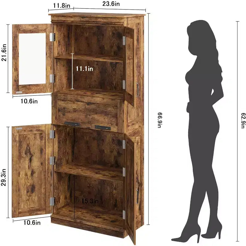 Mobile Contenitore da Bagno Alto 170 cm con 4 Ante, Cassetto con Anta a Ribalta in Vetro e Ripiani Regolabili