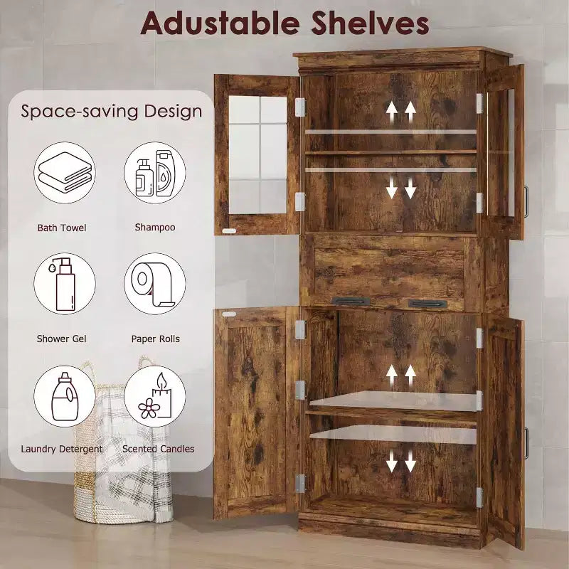 Mobile Contenitore da Bagno Alto 170 cm con 4 Ante, Cassetto con Anta a Ribalta in Vetro e Ripiani Regolabili