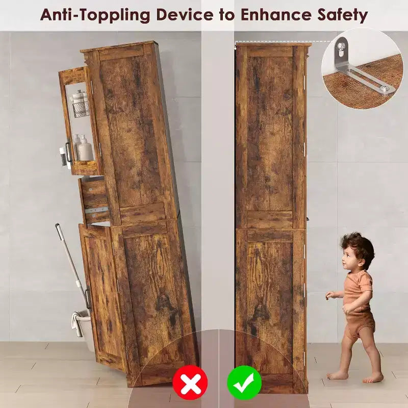 Mobile Contenitore da Bagno Alto 170 cm con 4 Ante, Cassetto con Anta a Ribalta in Vetro e Ripiani Regolabili