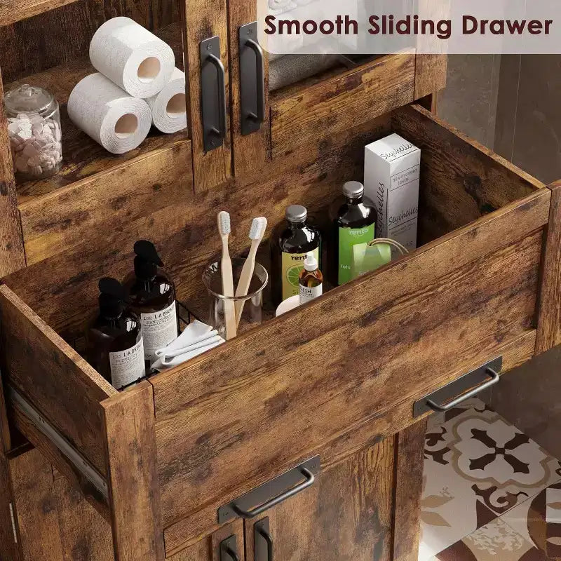 Mobile Contenitore da Bagno Alto 170 cm con 4 Ante, Cassetto con Anta a Ribalta in Vetro e Ripiani Regolabili