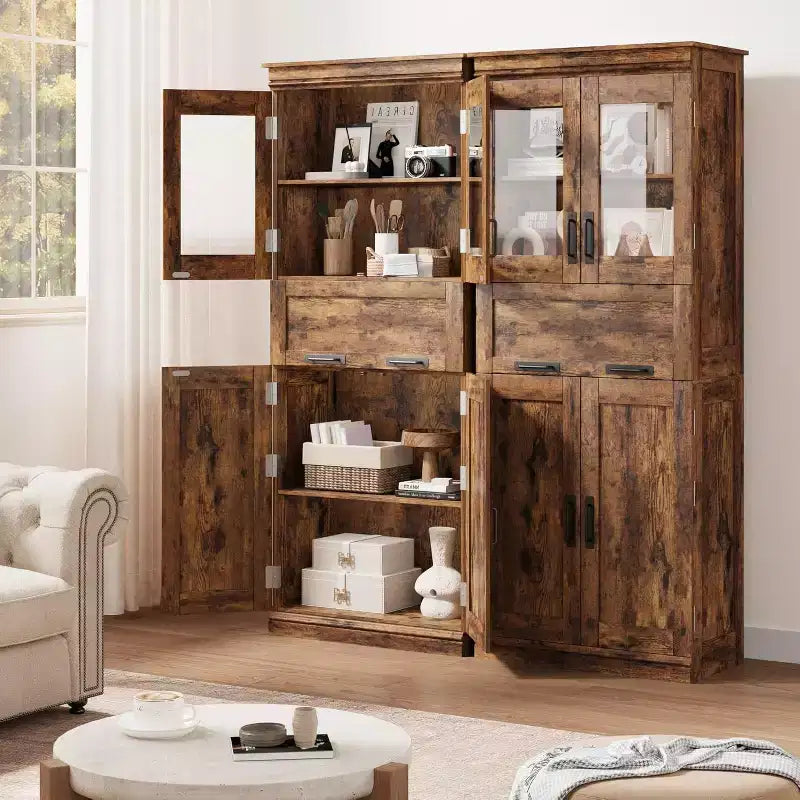 Mobile Contenitore da Bagno Alto 170 cm con 4 Ante, Cassetto con Anta a Ribalta in Vetro e Ripiani Regolabili