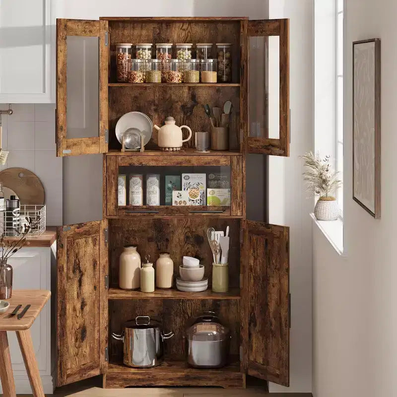 Mobile Contenitore da Bagno Alto 170 cm con 4 Ante, Cassetto con Anta a Ribalta in Vetro e Ripiani Regolabili