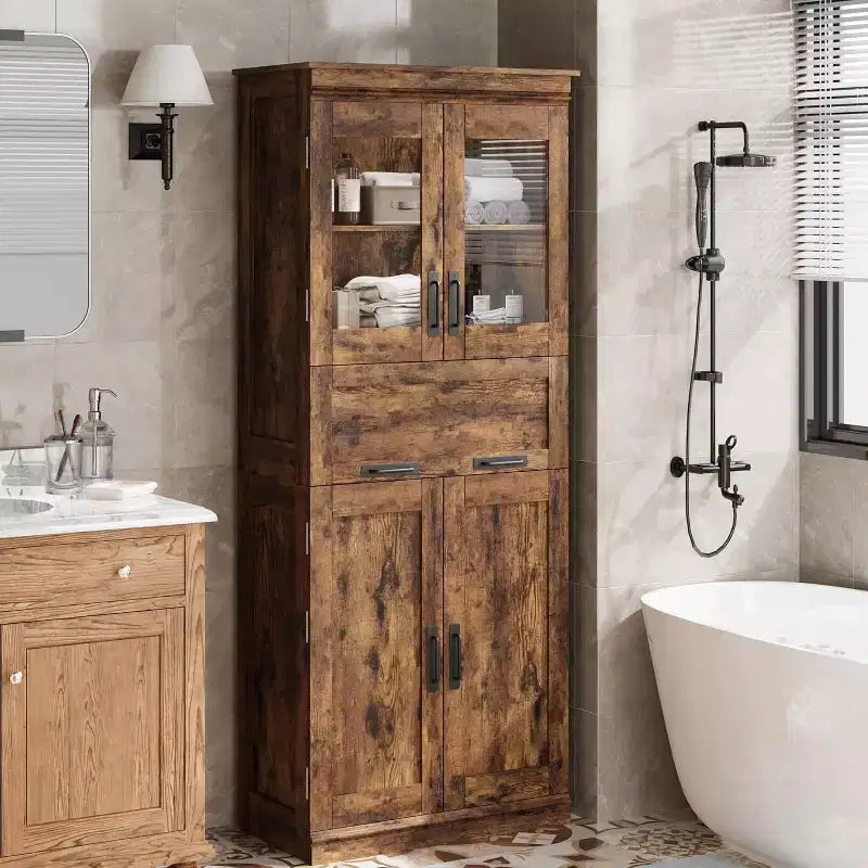 Mobile Contenitore da Bagno Alto 170 cm con 4 Ante, Cassetto con Anta a Ribalta in Vetro e Ripiani Regolabili