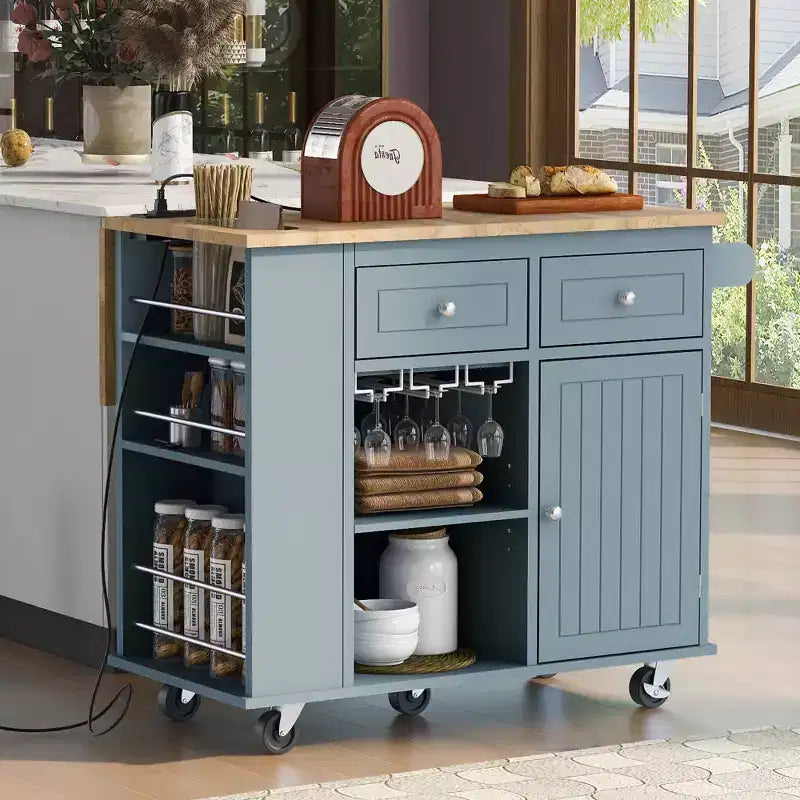 Isola da Cucina Mobile con Presa di Corrente, Piano Ribaltabile e Top in Legno di Gomma