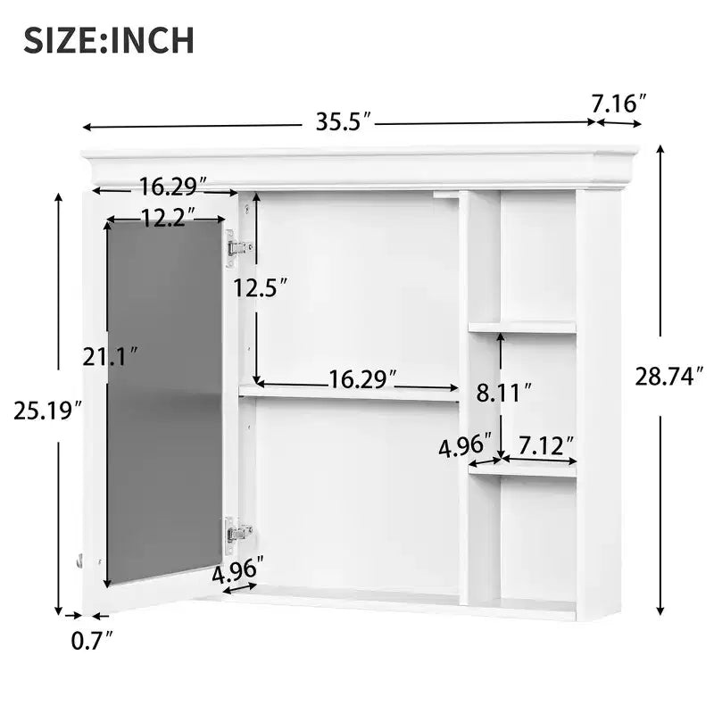 Mobiletto portamedicine da 35 x 28 da parete con anta a specchio e 6 ripiani a giorno